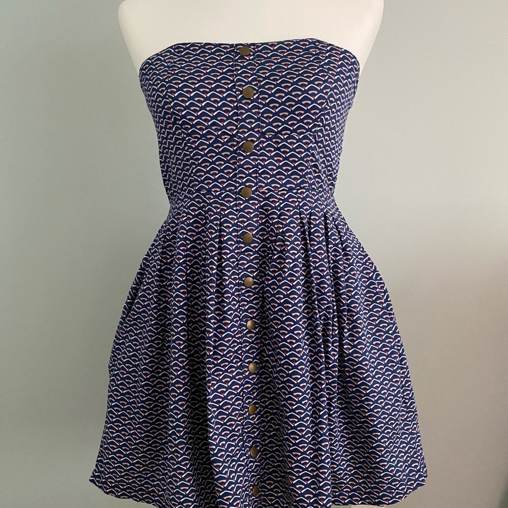 ModCloth Strapless Blue/Red Patterned Dress
